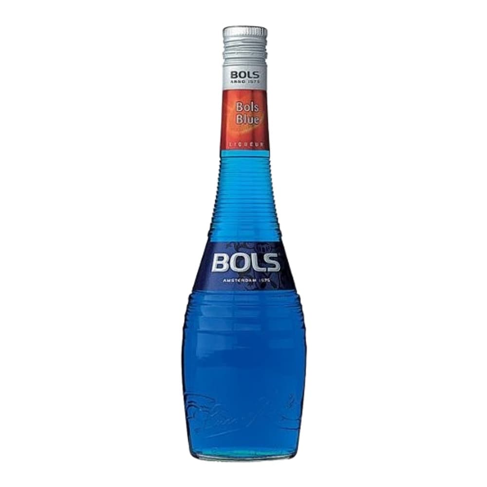 A bottle of Bols Blue liqueur with distinctive blue liquid and red top cap, displayed against a white background.