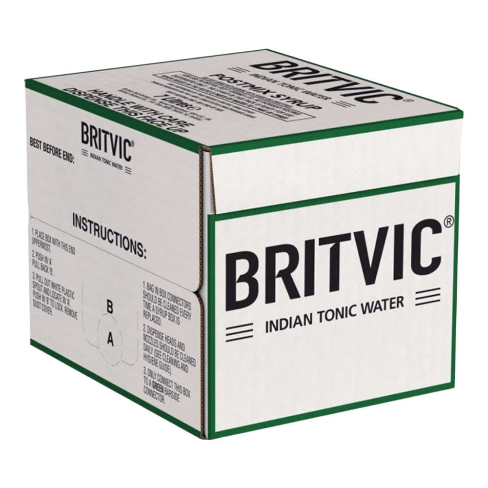 A white cardboard carton box of Britvic Indian Tonic Water with green border trim and black text branding on white background.