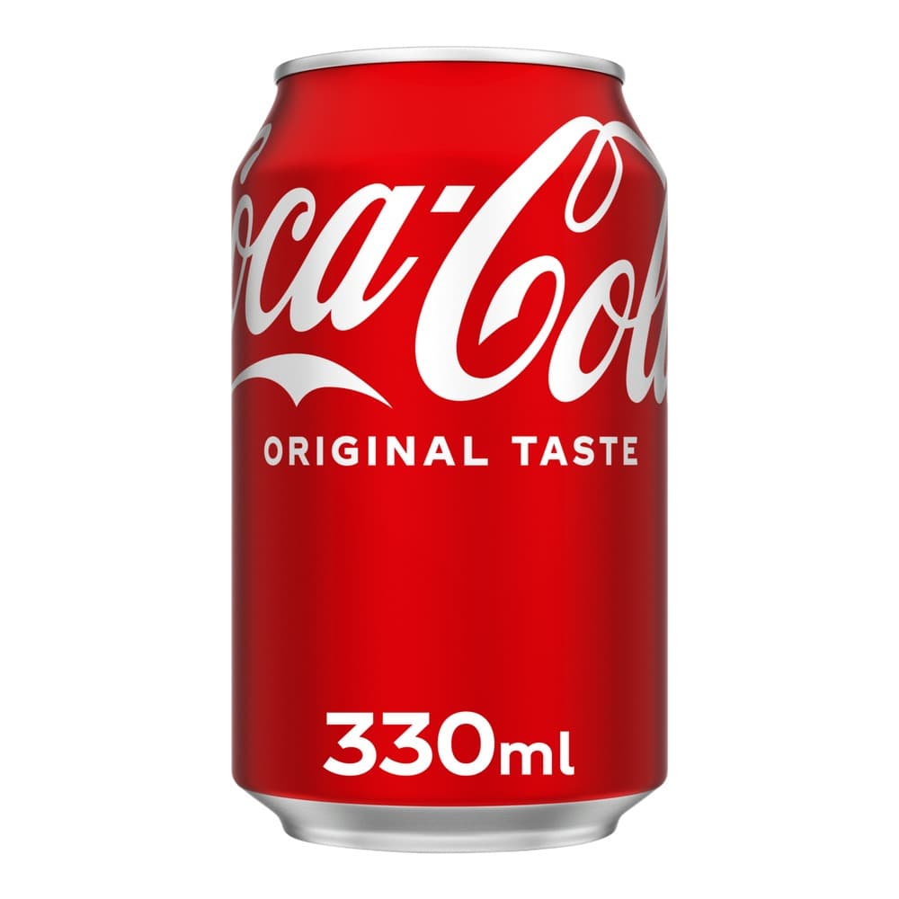 A red Coca-Cola can with white branding and 'Original Taste' text, 330ml size, isolated on white background