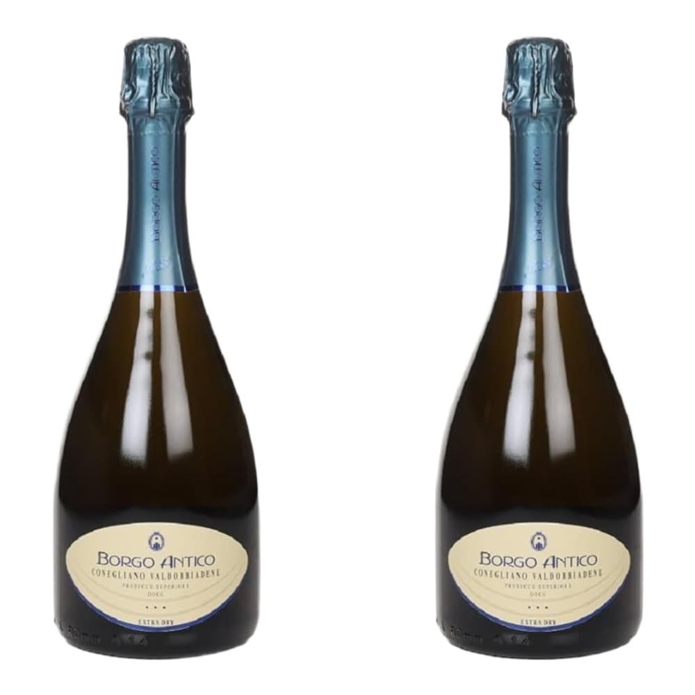 Two bottles of Borgo Antico Prosecco Superiore with blue foil caps and cream-coloured labels on a white background