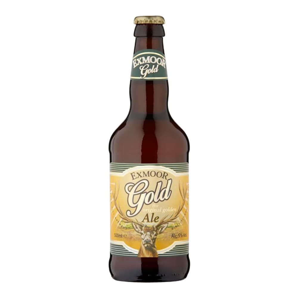 A bottle of Exmoor Gold ale beer against a white background, featuring a golden yellow label with a stag illustration and branding.