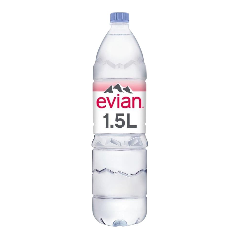 Clear plastic bottle of Evian mineral water with blue cap and pink/red label band featuring mountain imagery, 1.5 litre size