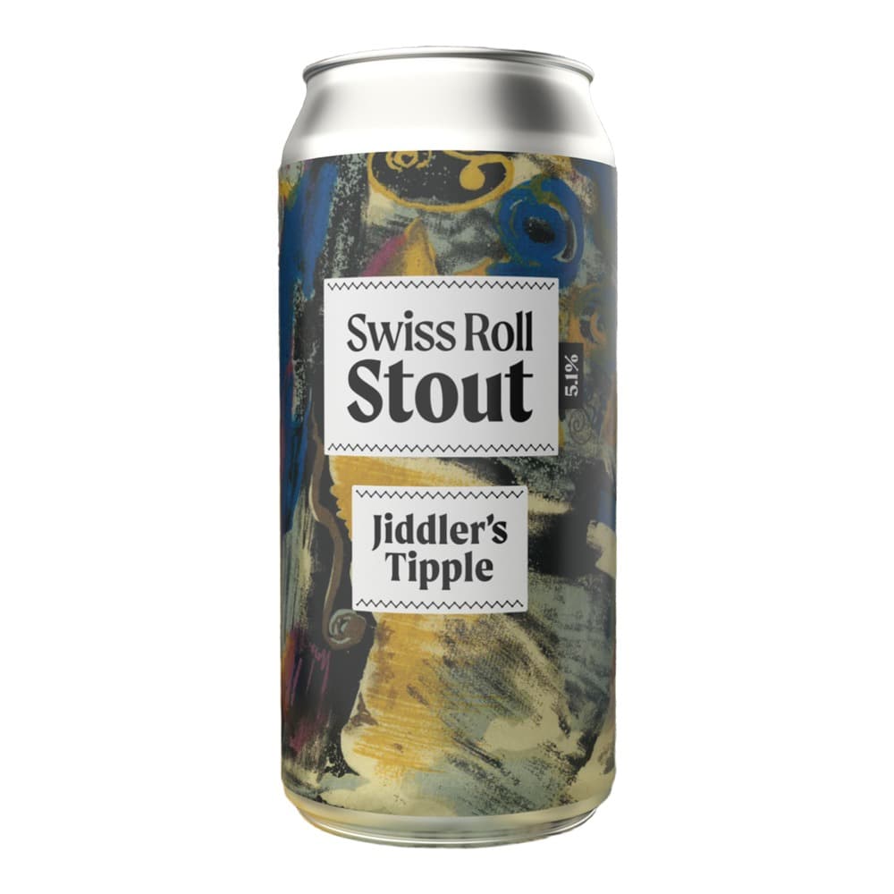 A metallic can of Swiss Roll Stout 5.0% beer by Jiddler's Tipple positioned against a vibrant, multi-coloured graffiti art background featuring blue, yellow, and pink streaks.
