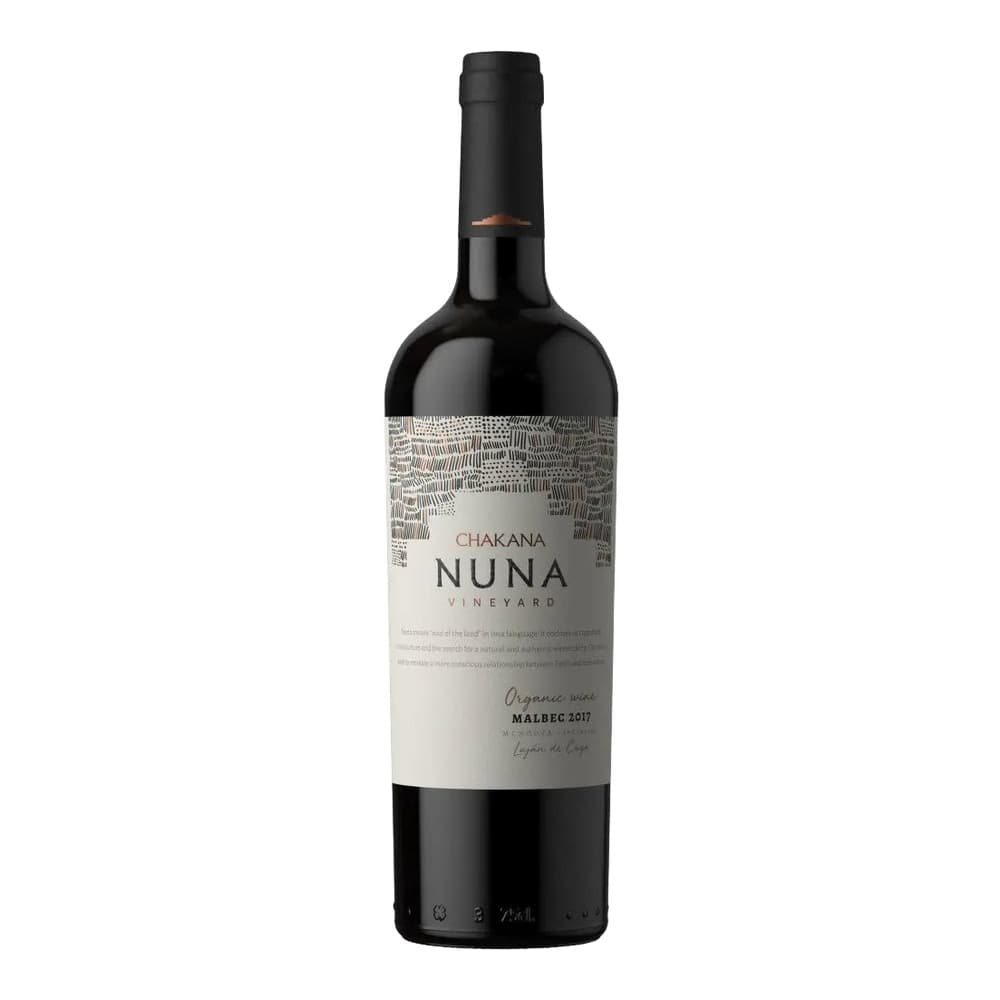 A bottle of Chakana Nuna organic Malbec wine from 2017, featuring a cream and black label with decorative pattern design, isolated on white background.