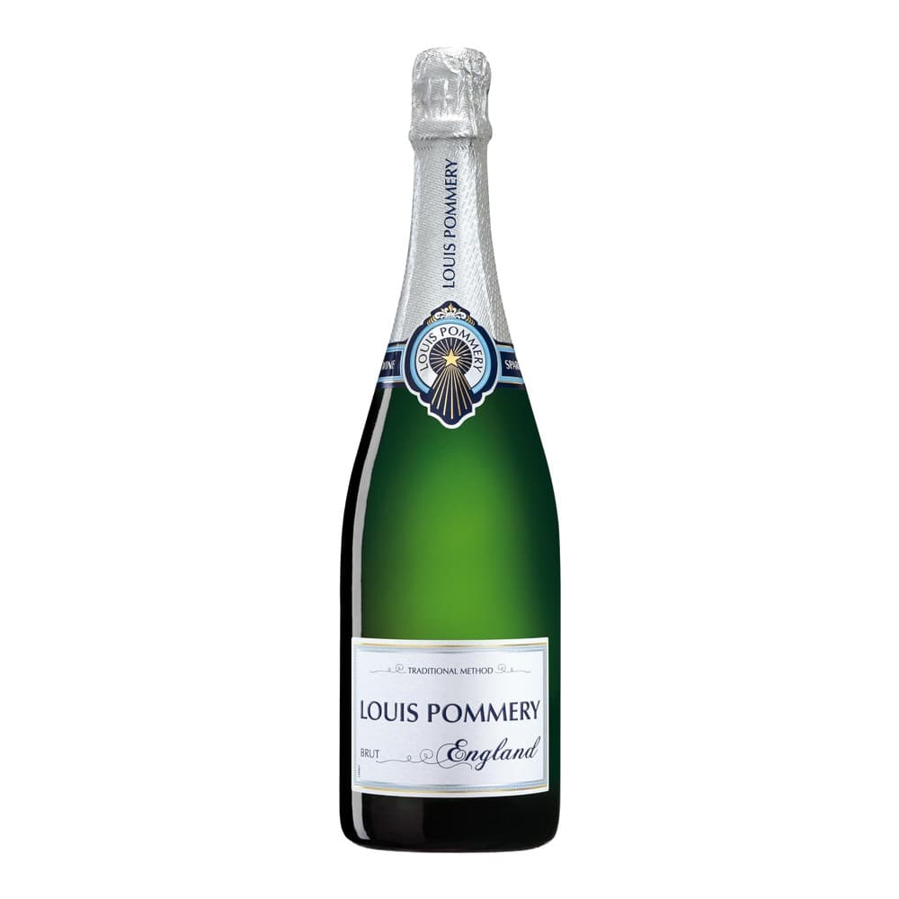 A bottle of Louis Pommery Brut England sparkling wine on a white background, featuring a silver foil top and green glass bottle with white label.