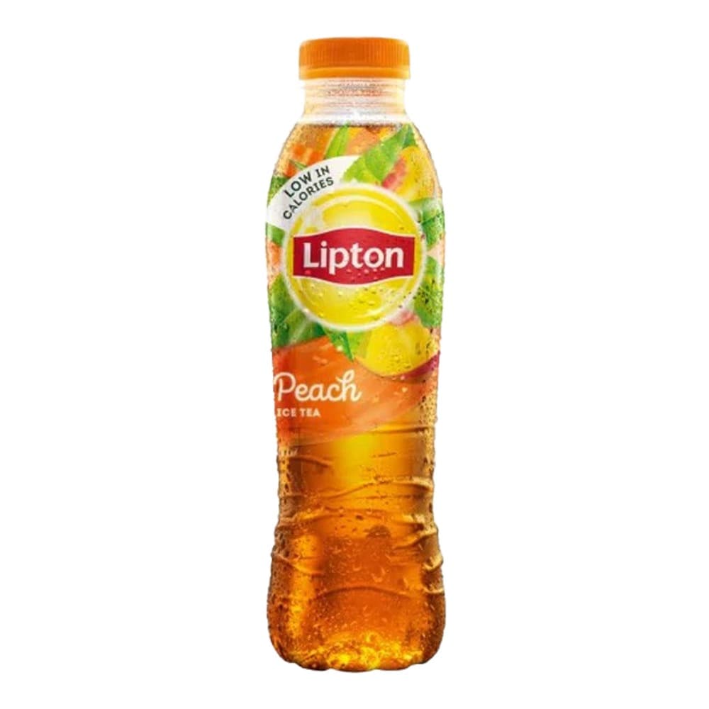 A clear plastic bottle of Lipton Peach Ice Tea with an orange cap and label featuring peach fruit imagery, displayed against a white background.