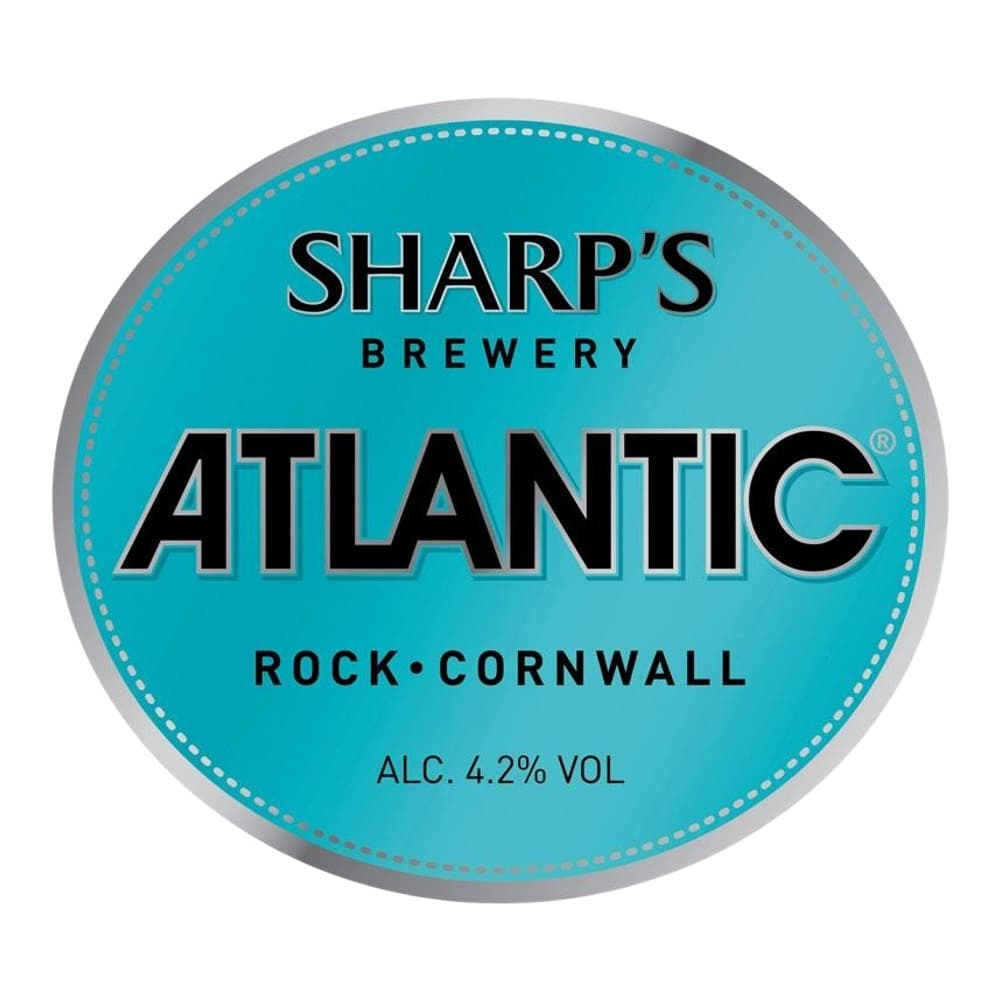 Circular turquoise beer label for Sharp's Atlantic from Rock, Cornwall, showing 4.2% ABV alcohol content