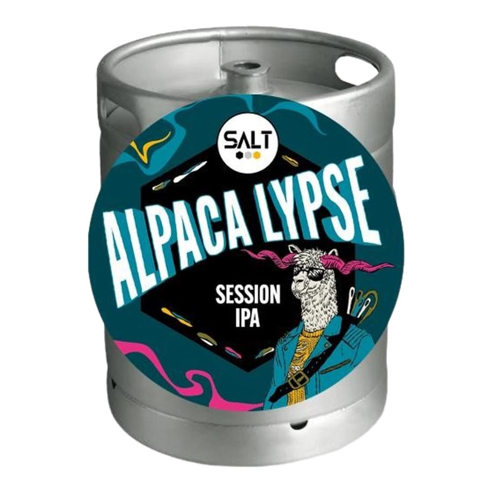 A stainless steel beer keg with a teal and black label featuring the Salt brewery logo and Alpaca Lypsé Session IPA branding with an illustrated alpaca character