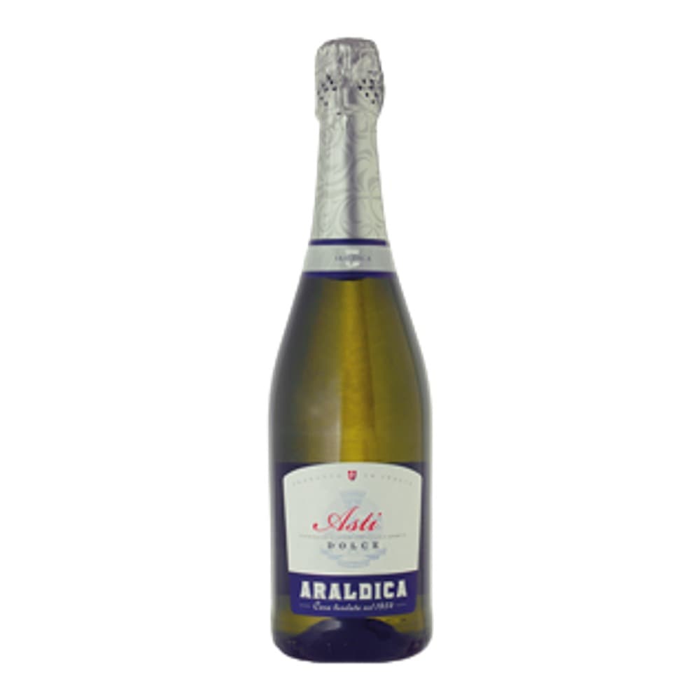 A bottle of Araglica sparkling wine with a white label and blue accents, displayed against a plain background.