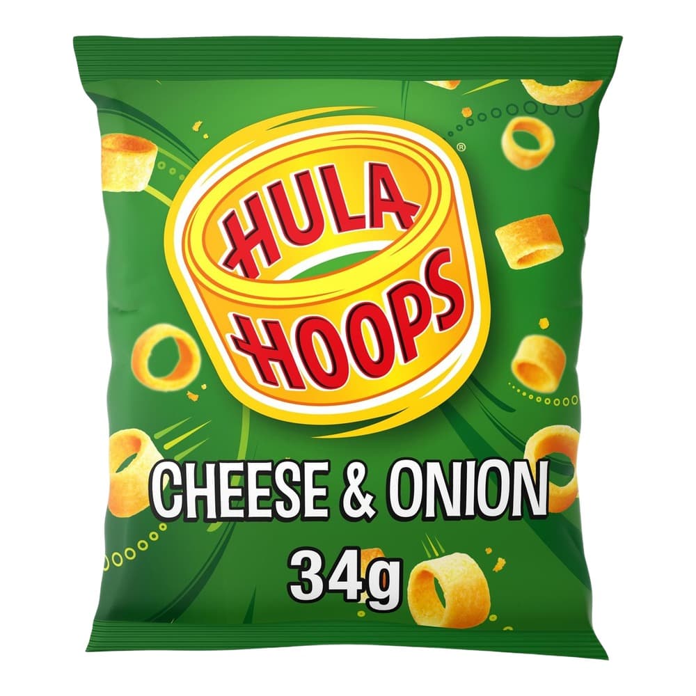 A green packet of Hula Hoops cheese and onion flavoured crisps with the branded yellow and red logo, displaying the 34g weight and showing product imagery of cheese and onion flavoured hoops.