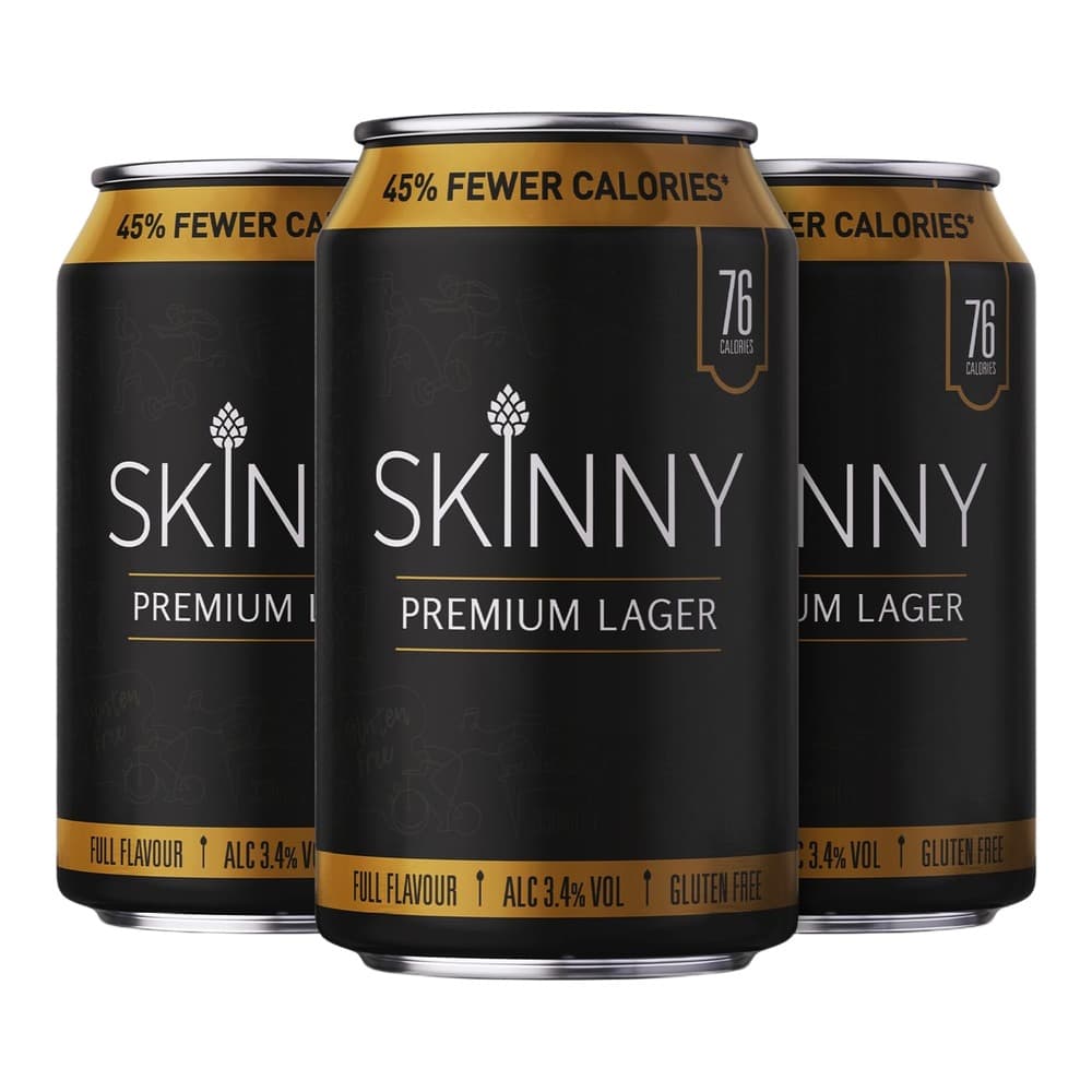 Three black and gold Skinny Premium Lager cans displayed against a white background, featuring 45% fewer calories label