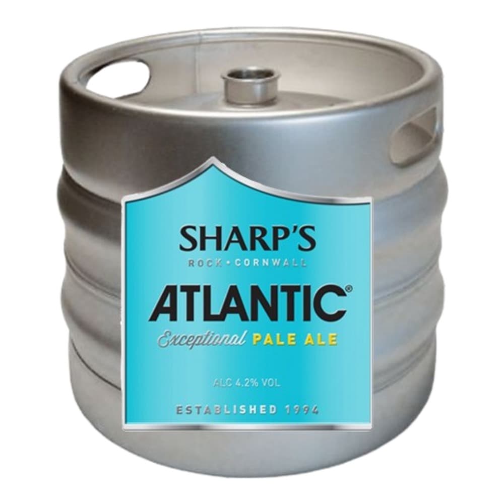 A stainless steel beer keg with a blue label reading Sharp's Atlantic Exceptional Pale Ale, established 1994, ABV 4.2%, photographed against a white background.