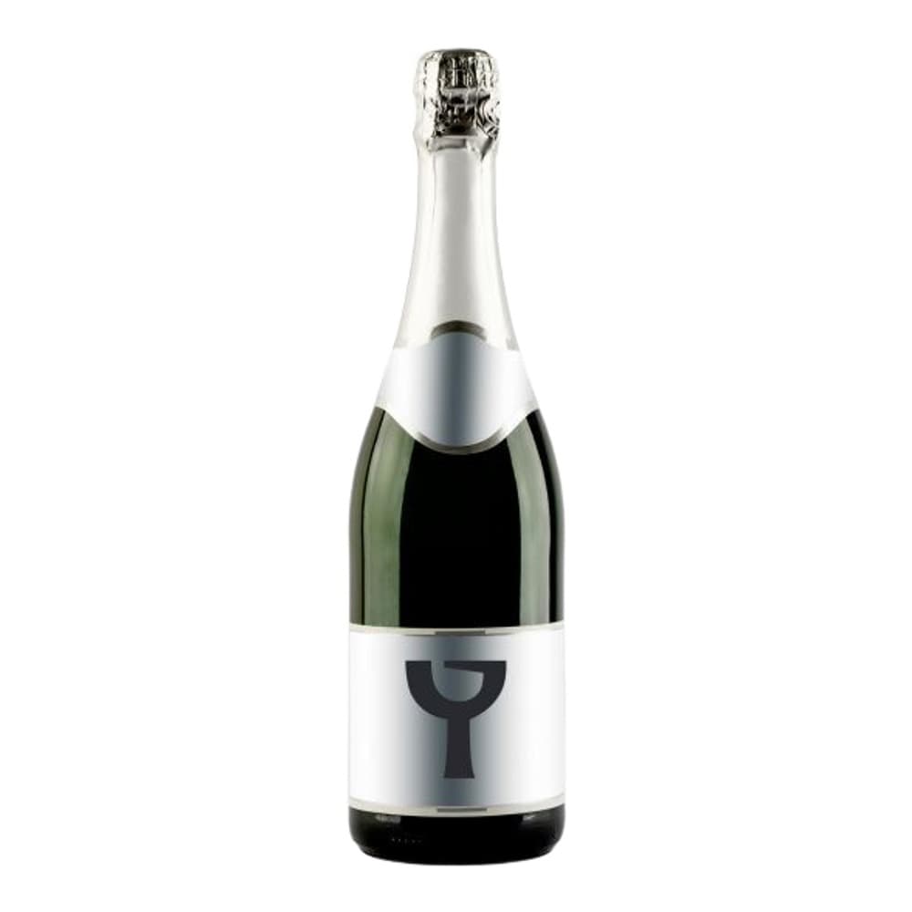 A bottle of sparkling wine with a white label featuring a stylised goblet icon, isolated on a white background.
