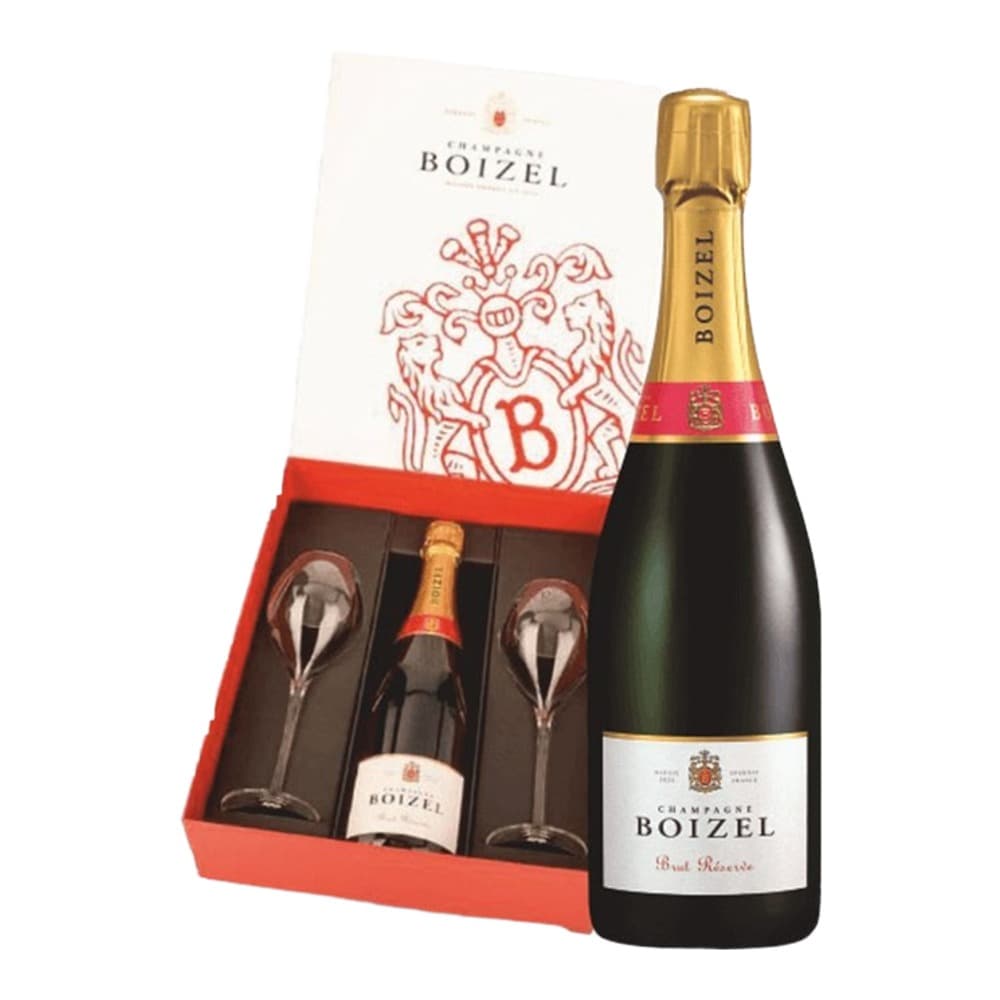 Champagne Boizel bottle displayed next to a luxury gift box containing two champagne flutes and a smaller bottle, on a white background.
