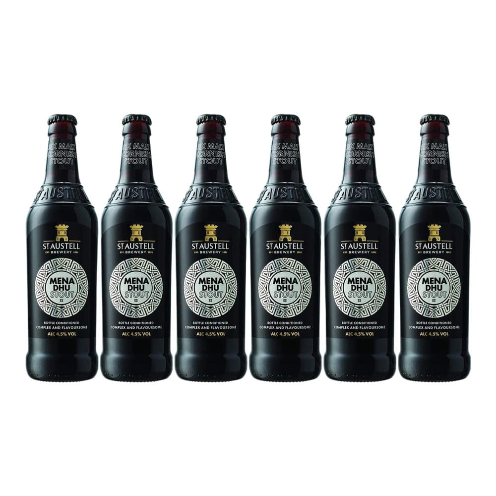 Six dark glass bottles of Staustell Menadhu Stout beer arranged in a row on a white background, showing the brewery logo and label design.
