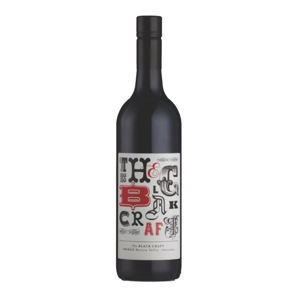 A bottle of Black Craft Shiraz wine from Barossa Valley, Australia, featuring a decorative black and red label on a white background.