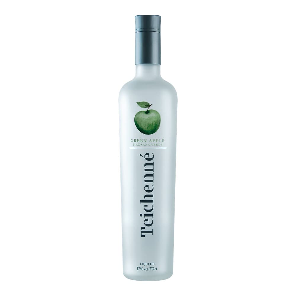 A frosted glass bottle of Teichenne Green Apple liqueur with a metallic grey cap, featuring a green apple illustration and bilingual labelling.
