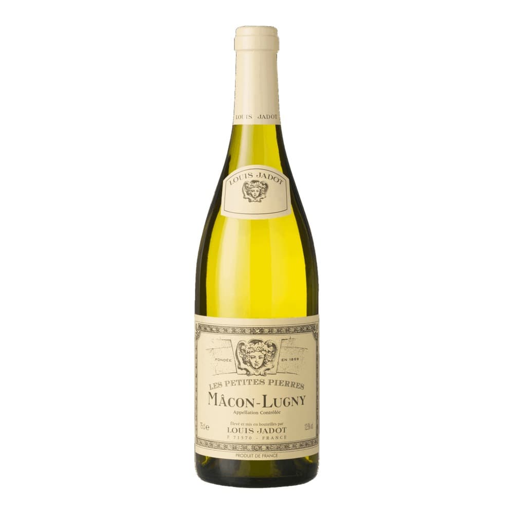 A bottle of Louis Jadot Les Petites Pierres Macon-Lugny white wine with a cream-coloured label featuring a coat of arms, photographed against a white background.
