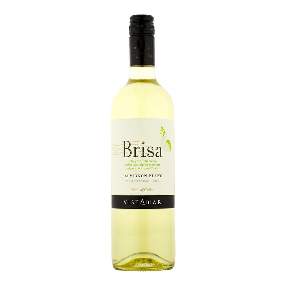 A bottle of Brisa Sauvignon Blanc white wine from Vistamar, Chilean wine from Valle Central 2014, isolated on a white background.