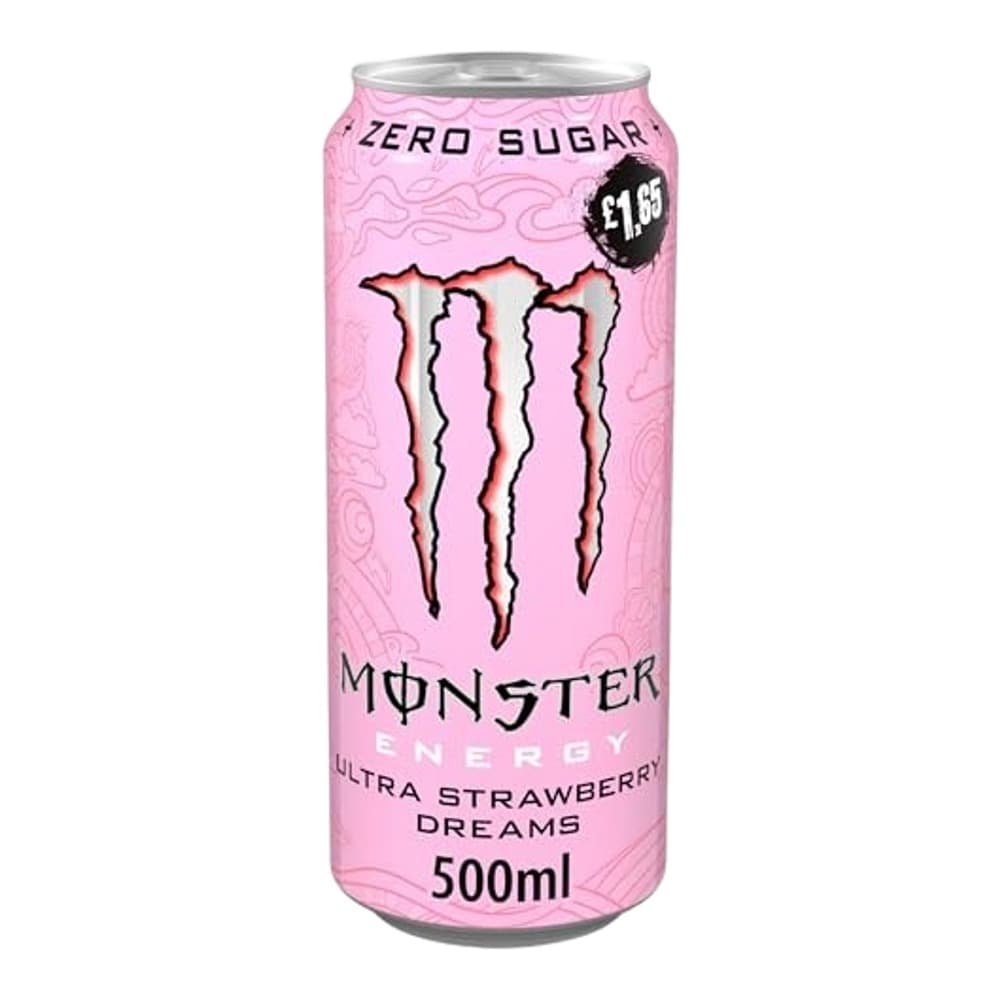 A pink Monster Energy drink can featuring the classic Monster claw logo, labelled as Ultra Strawberry Dreams, zero sugar, 500ml with a £1.99 price tag.