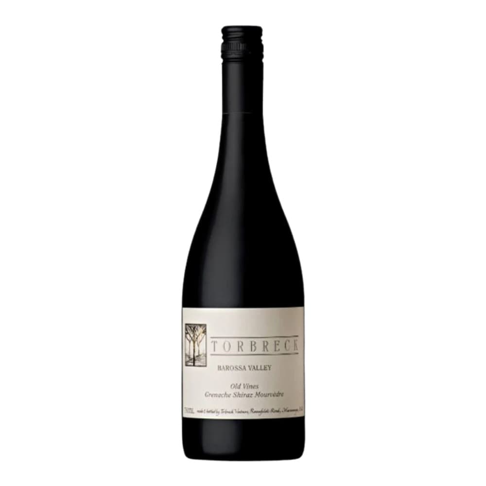 A dark glass wine bottle with a cream and white label featuring the Torbreck winery logo and Barossa Valley designation against a plain white background.