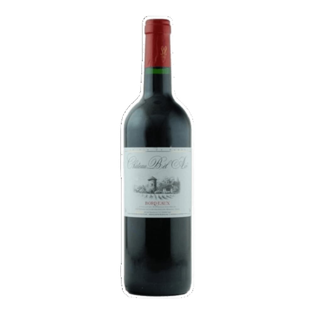 A bottle of Château Bélair Bordeaux red wine with a white label and red foil capsule, photographed against a plain white background.