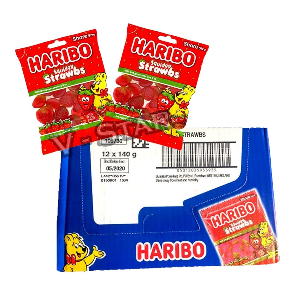 Two red Haribo Squidgy Strawbs share size pouches with blue packaging box and product information label displayed