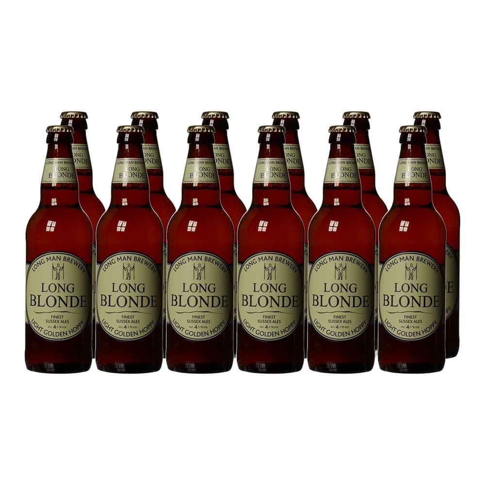 Six bottles of Long Man Brewery Long Blonde ale with gold metal bottle caps arranged in rows against a white background