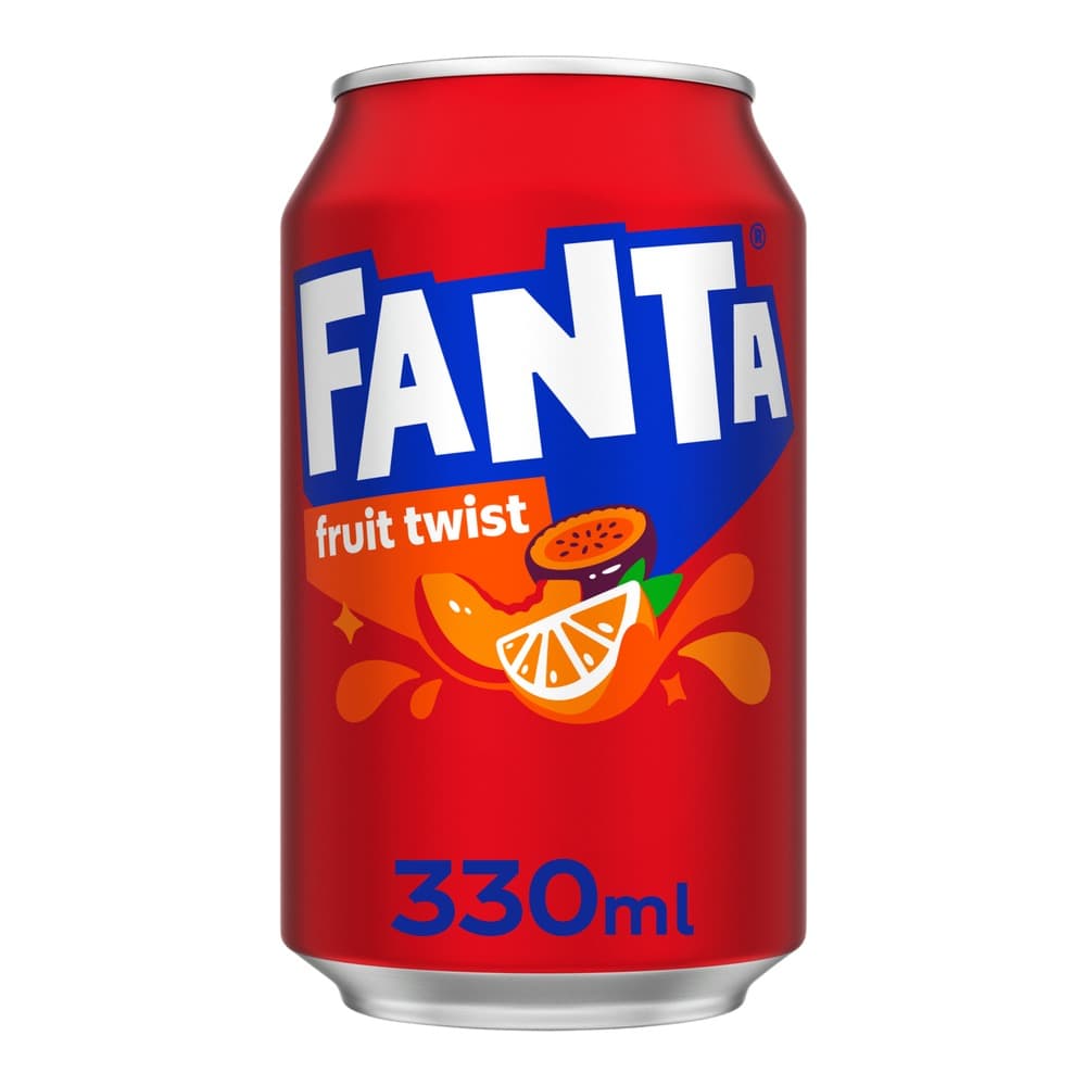 Red Fanta Fruit Twist soft drink can with blue and white branding, orange fruit imagery, and 330ml volume marking on white background.