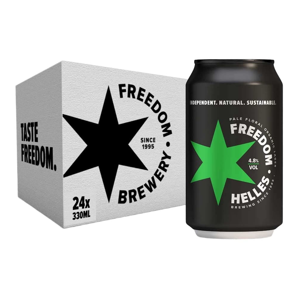 Black can of Freedom Brewery Helliss Pale Floral IPA beer with green star logo next to its 24-pack carton box on white background
