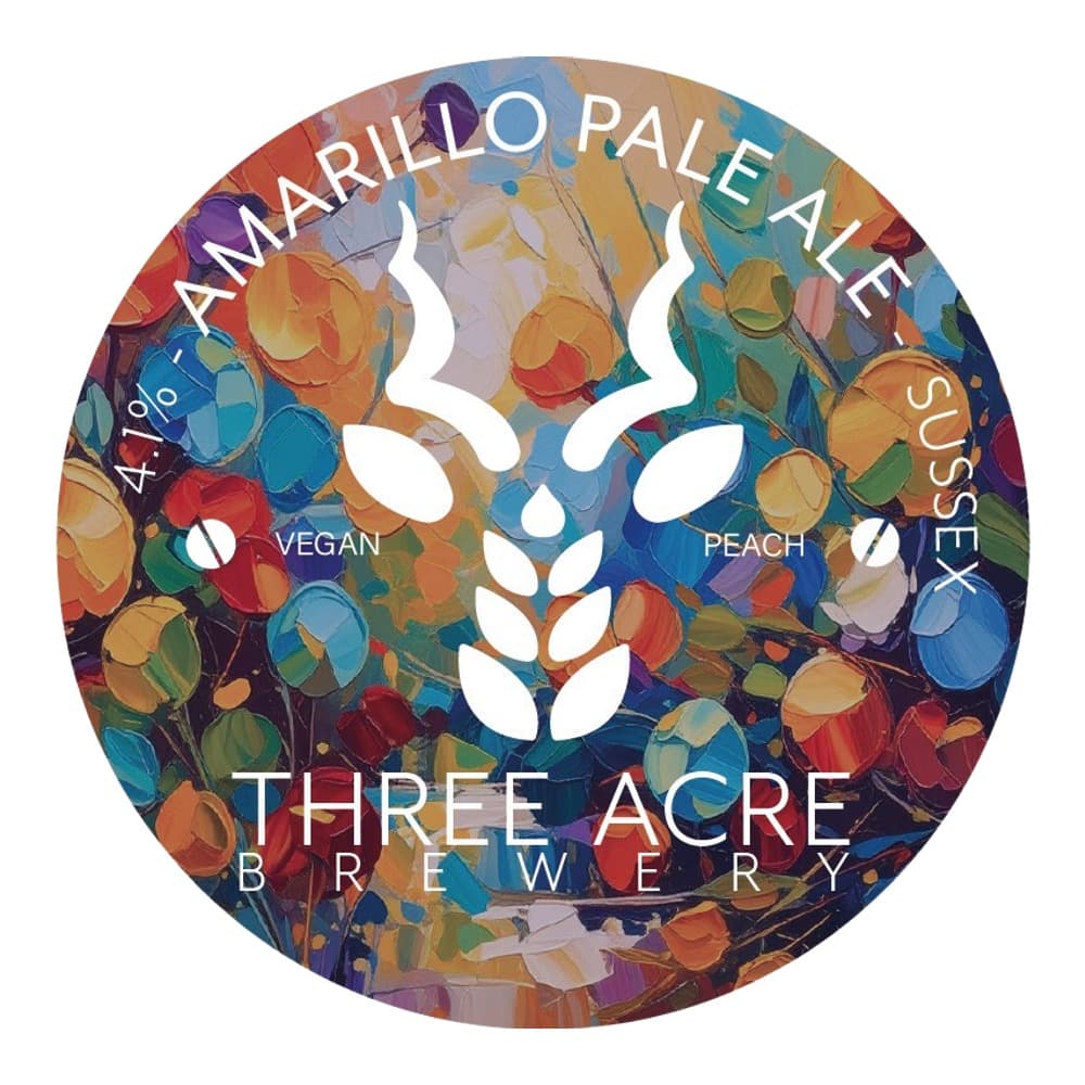 Circular beer label for Amarillo Pale Ale by Three Acre Brewery featuring a vibrant, colourful abstract floral design with white leaf motifs and text overlay.