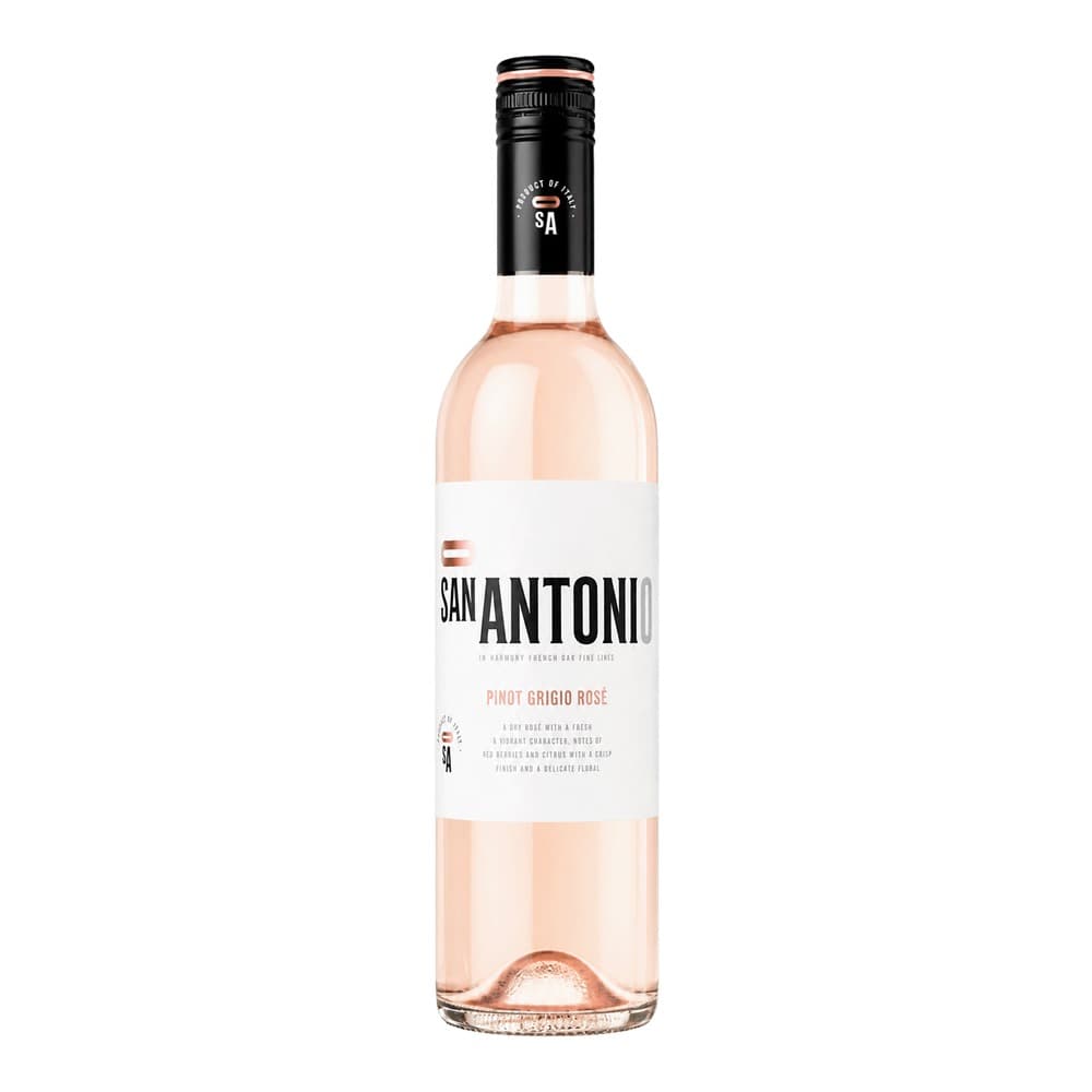 A bottle of San Antonio Pinot Grigio Rosé wine with pale pink liquid, black cap, and white label on a plain white background.