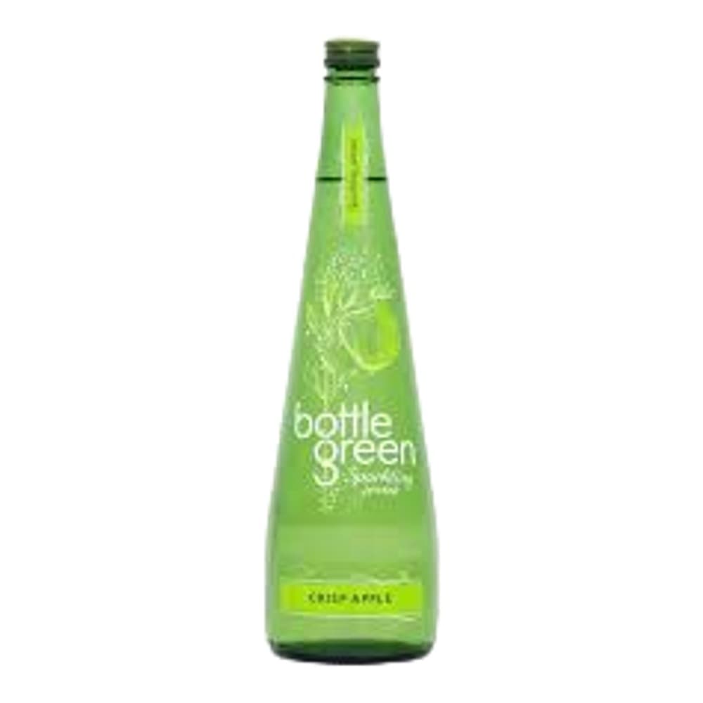 A green glass bottle of Bottle Green sparkling water beverage against a plain white background