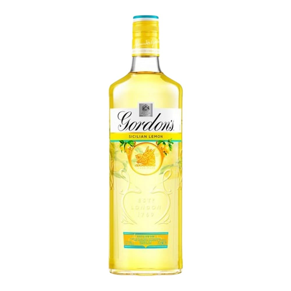 A bottle of Gordons Sicilian Lemon gin with pale yellow liquid, displayed against a white background with a blue cap and lemon graphics on the label.