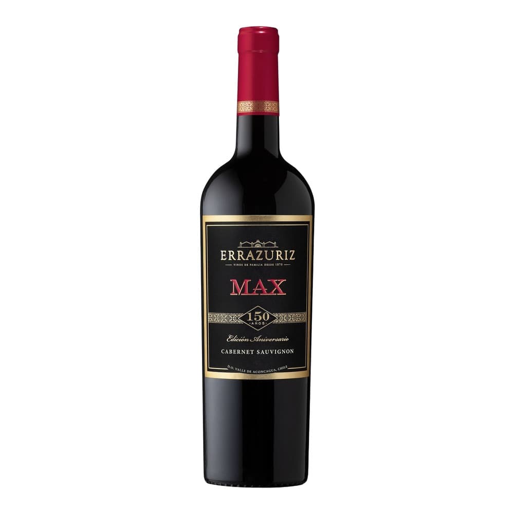 A bottle of Errazuriz Max Cabernet Sauvignon 150 Años edition red wine with burgundy cap and gold-trimmed black label against a white background.