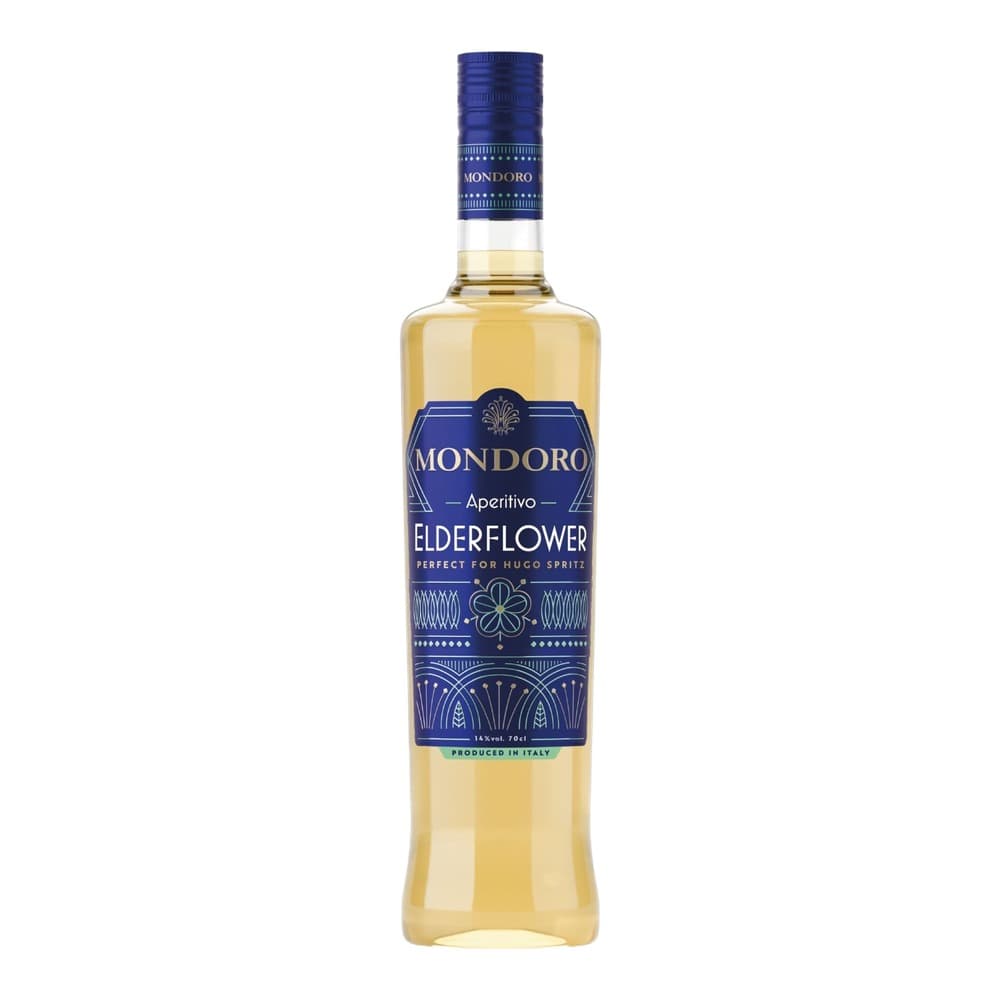 A bottle of Mondoro Elderflower Aperitivo with a blue label and pale yellow liquid, photographed against a white background.