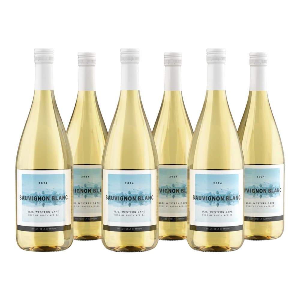 Six bottles of Sauvignon Blanc white wine with blue labels featuring W.O. Western Cape designation, arranged in a row against a white background.