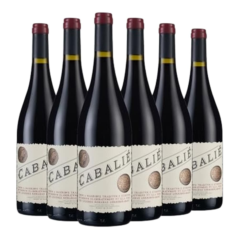 Six bottles of Cabalié red wine arranged in a row against a white background, each with burgundy caps and cream-coloured labels.