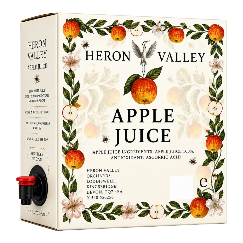 A cream-coloured cardboard carton of Heron Valley 100% apple juice with decorative apple and flower illustrations, featuring a black tap dispenser with red handle on the front.