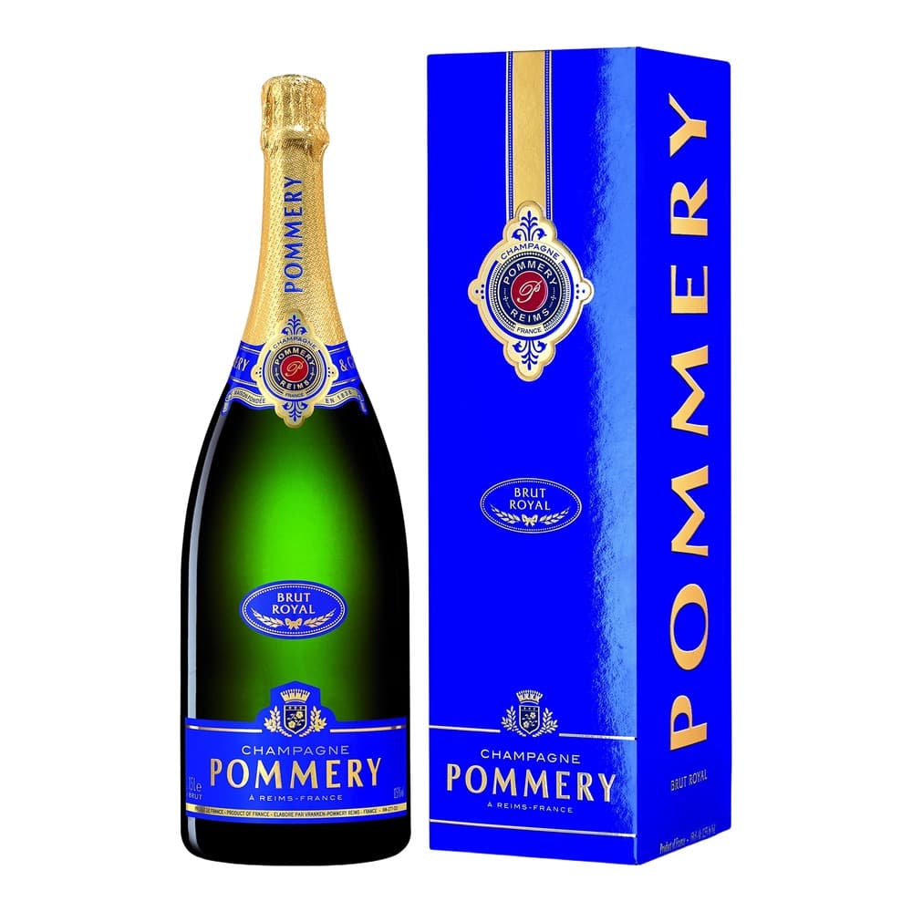 A bottle of Pommery Brut Royal champagne with its distinctive gold foil wrap next to its bright blue presentation box with gold lettering.