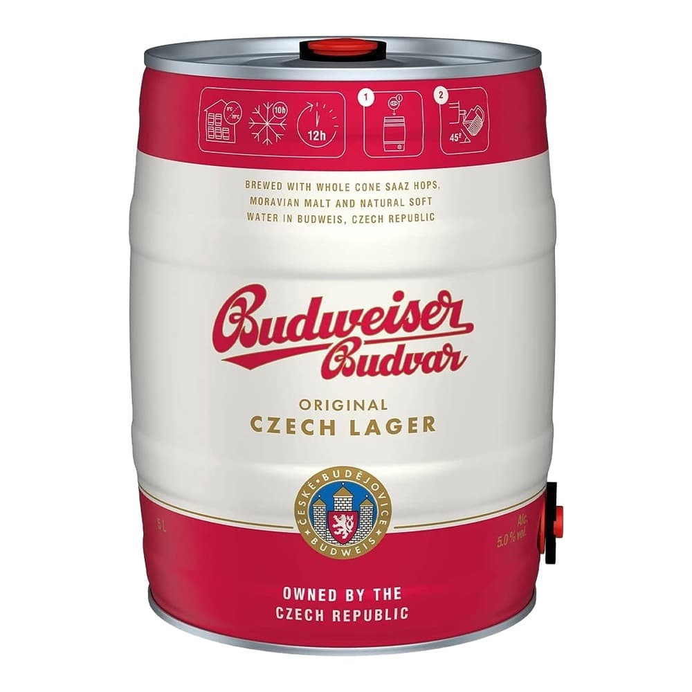 A 5-litre red and white keg of Budweiser Budvar Original Czech Lager with instruction icons and branding displayed on a white background.