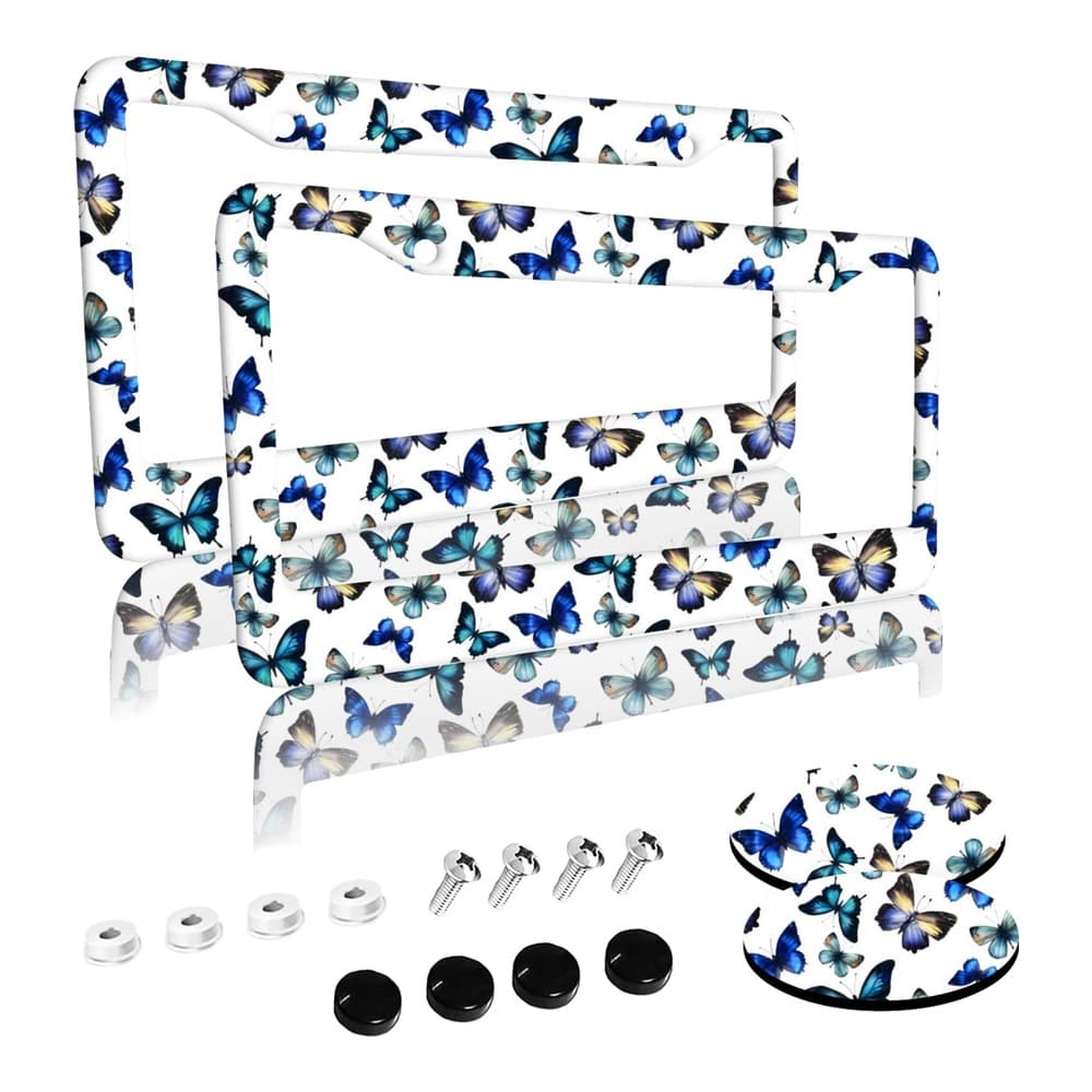 A blue and turquoise butterfly-patterned tablet case shown with included mounting hardware, suction cups, and a matching wrist strap accessory, displayed against a white background.