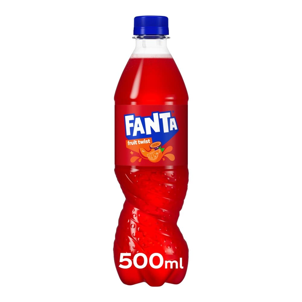 A 500ml bottle of Fanta Fruit Twist soft drink with a red liquid, blue cap, and label featuring orange fruit slices on a white background.