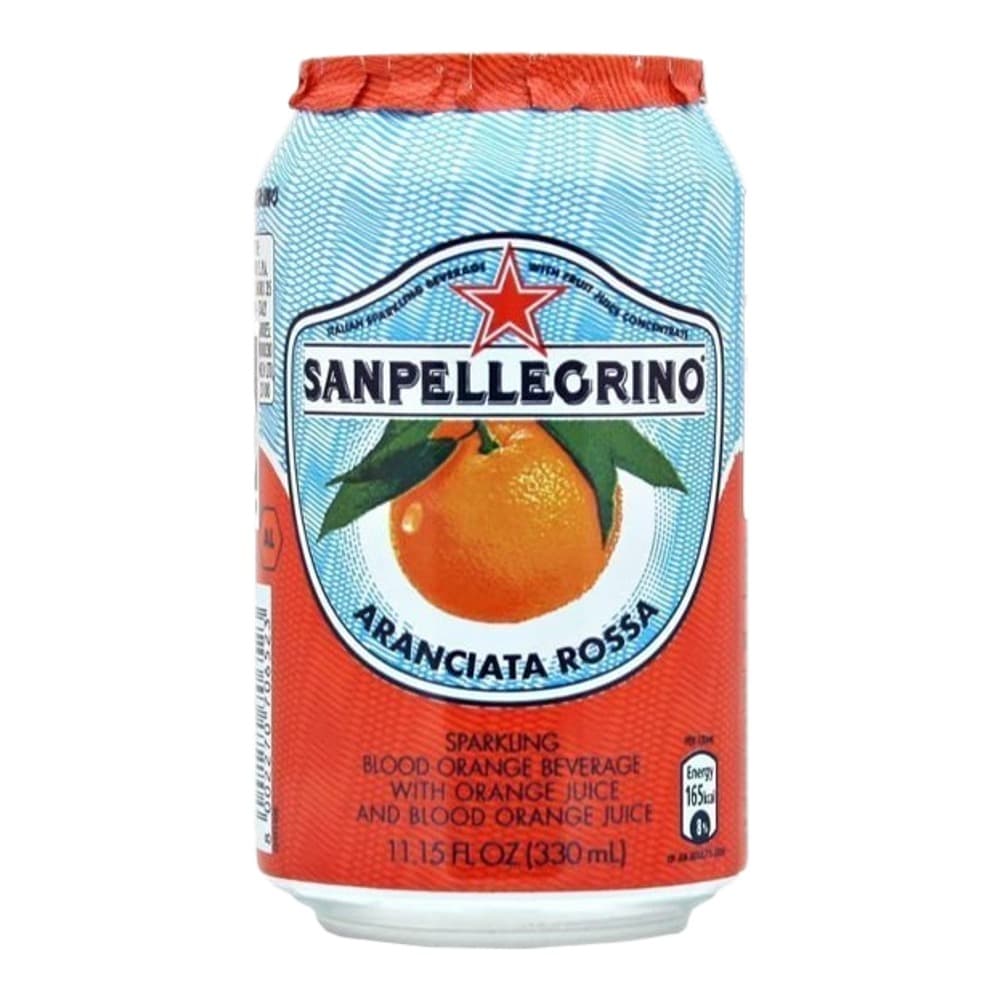 A 330ml can of Sanpellegrino Aranciata Rossa sparkling blood orange beverage with a light blue and red label featuring an orange and red star logo.