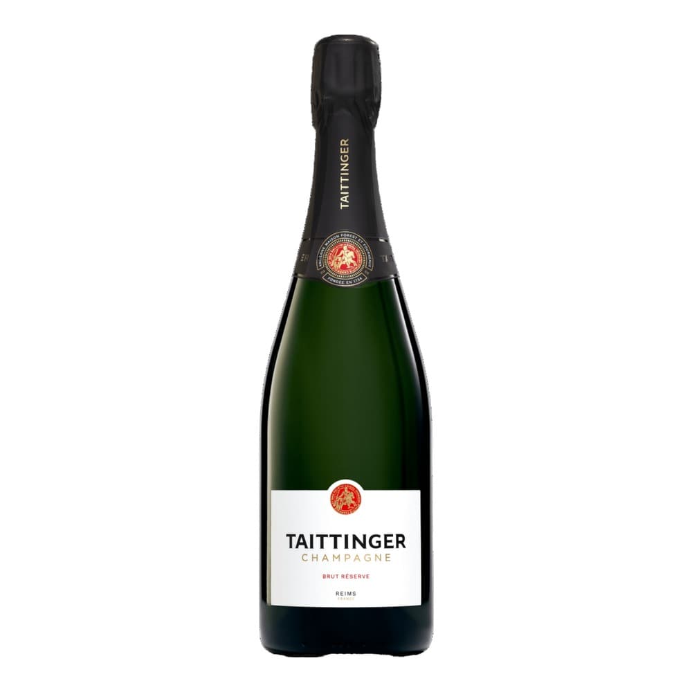 A bottle of Taittinger Champagne Brut Réserve from Reims, displayed against a white background with a black foil cap and white label featuring the brand name and red seal.