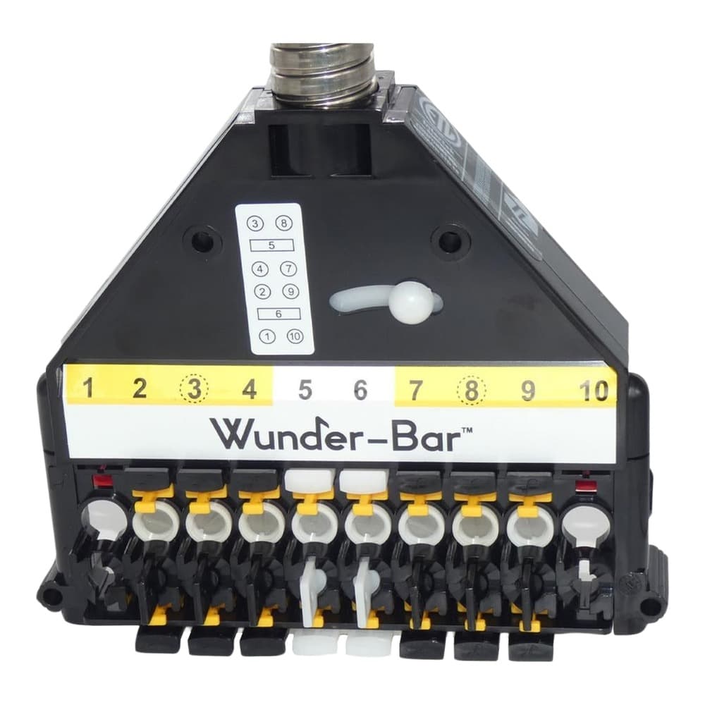 Top-down view of a black Wunder-Bar electrical distribution device with numbered terminal connections 1-10, white status indicator balls, and yellow and white terminal blocks on a white background.