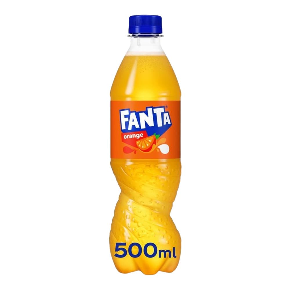 A 500ml bottle of Fanta Orange soft drink with a blue cap against a white background.