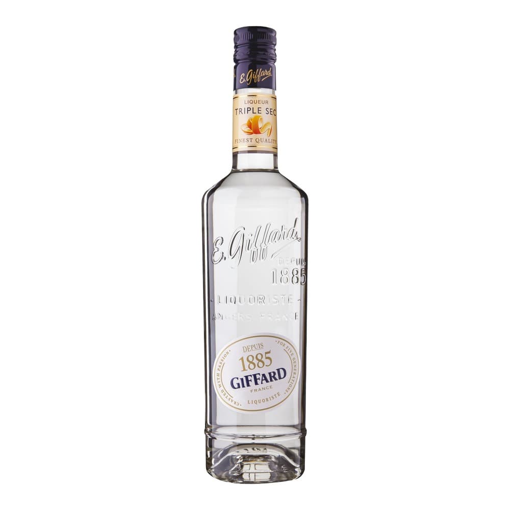 A clear glass bottle of Giffard Triple Sec liqueur with a purple cap and gold-trimmed label against a white background.