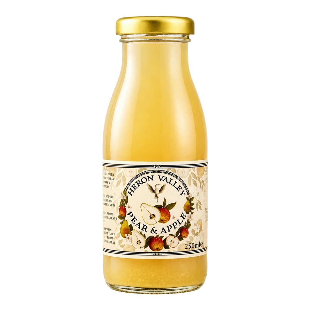 A 250ml glass bottle of Hebron Valley pear and apple juice with a gold cap and decorative label featuring pears and apples on a white background.