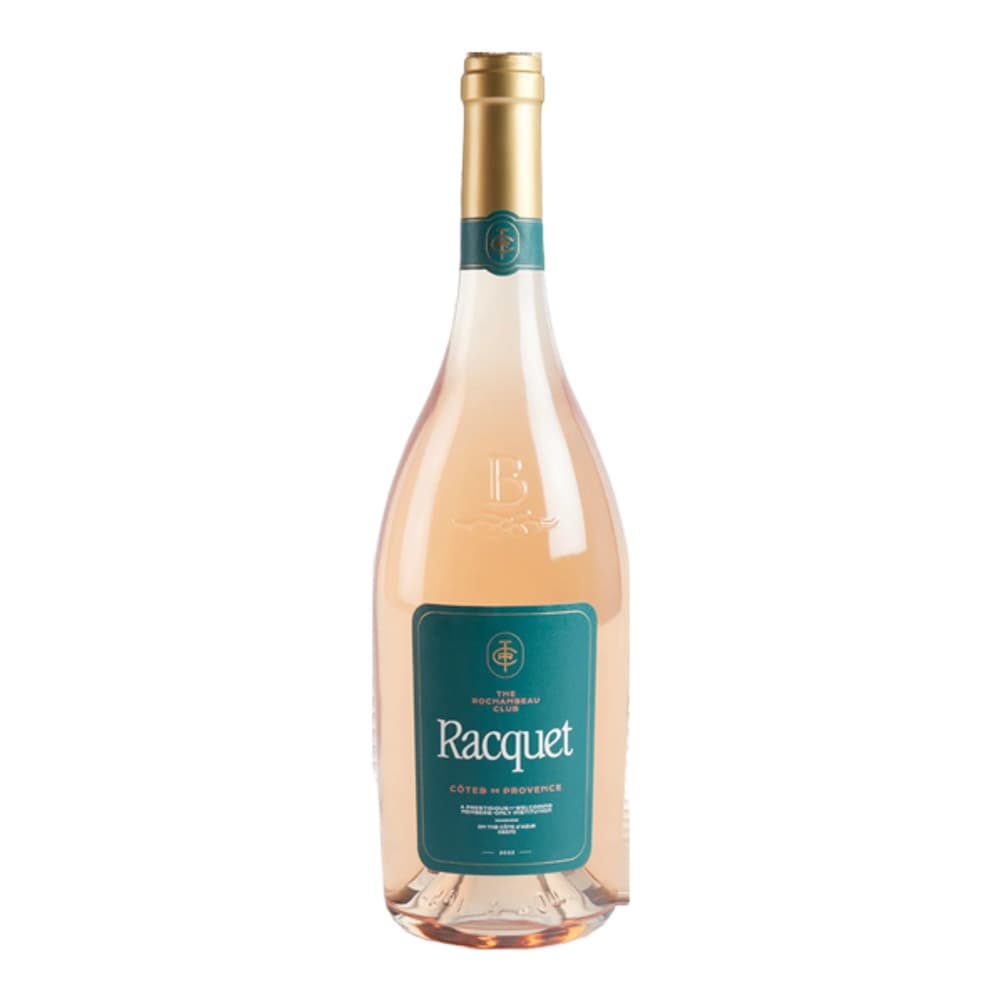 A bottle of Racquet rosé wine with a gold foil cap and teal label, displayed against a plain white background.